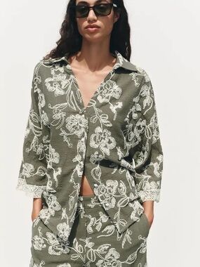 ZARA EMBROIDERED GUIPURE LACE SLEEVE SHIRT